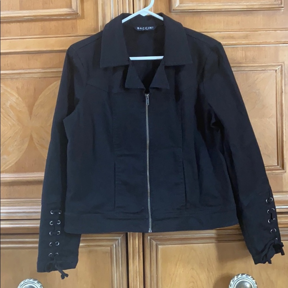 Black Denim Jean Jacket Grommet Tie Up Sleeves